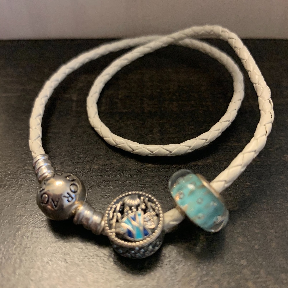 White Braided Double-Leather Charm Bracelet